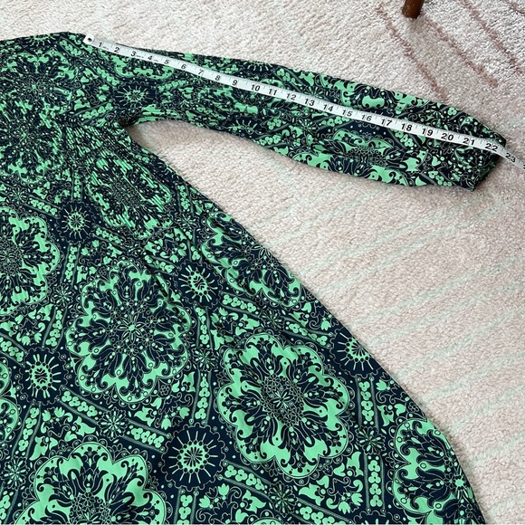 NWT LOFT Green Navy Long Sleeve Dress Knee Length Plisse Pleat Puff Sleeve Small - Picture 11 of 13